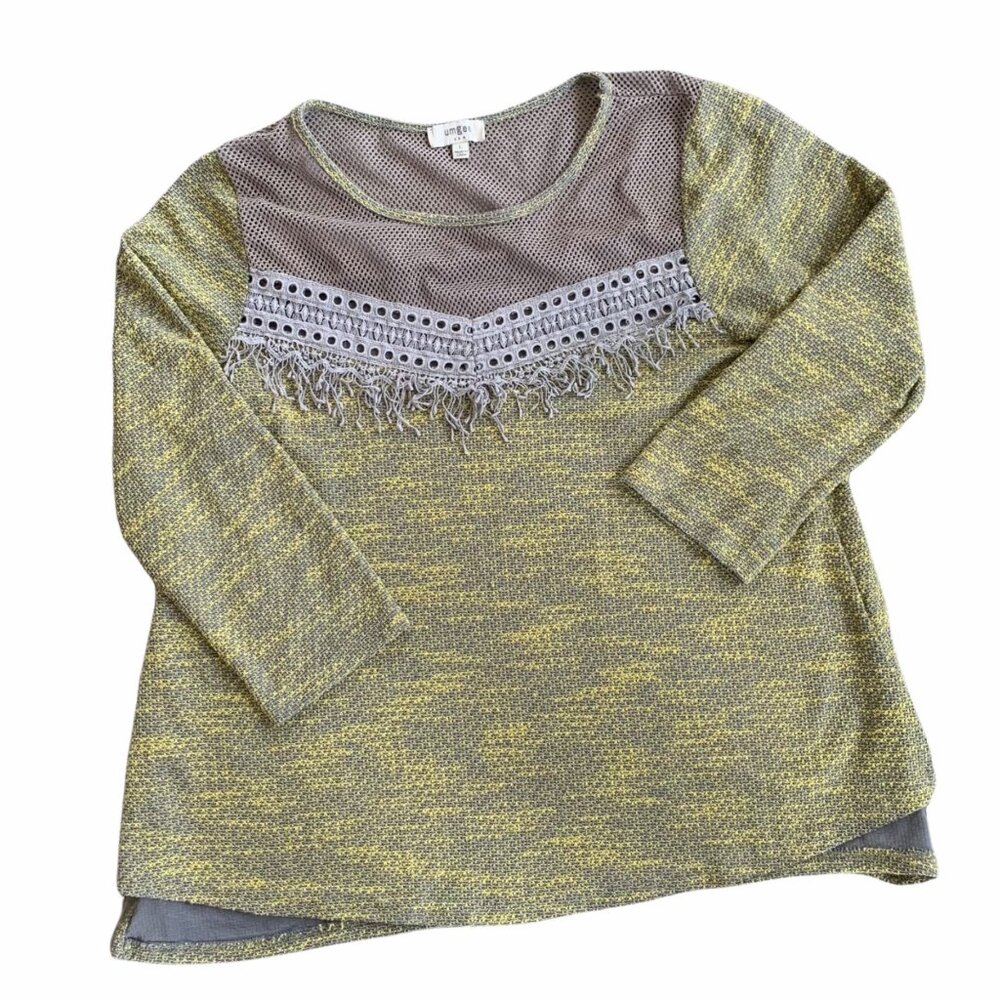 Umgee Boho Textured Mesh Fringed Top L